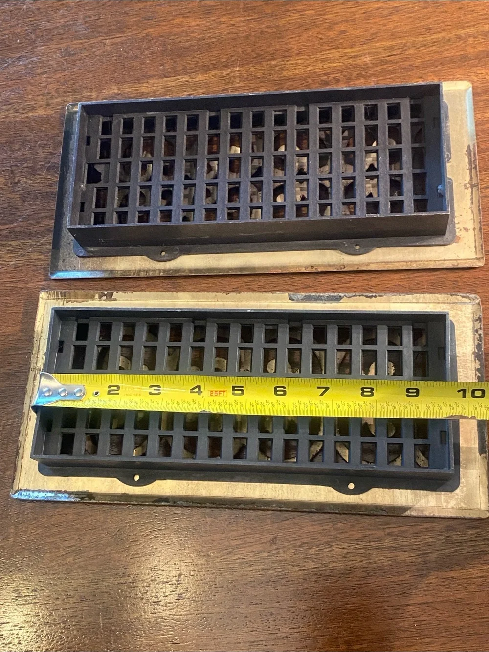 Pair Vintage Ornate Metal 4x10 Floor Registers Scroll Grille Heat Vents